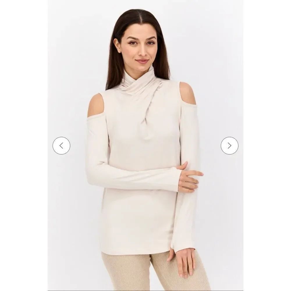 NWT TAHARI SPORT 2XL/XXL Tan Beige Mock Neck Cold Shoulder Stretchy Athletic Top